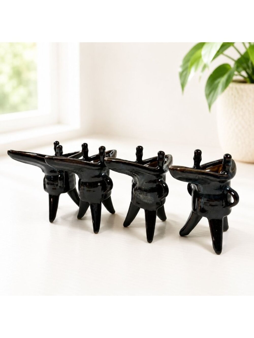 Vintage MCM Ceramic Miniature Gondola Boats – Set of 4 Black Brown Atomic Decor